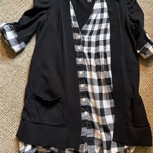 INC International Concepts Black and white check Cardigan with Plaid Top